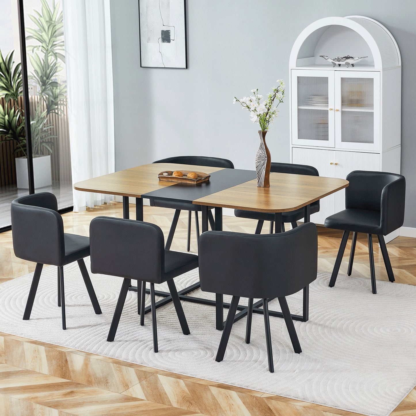 7-Piece Dining Table Set for 6 - Black PU Upholstered Chairs