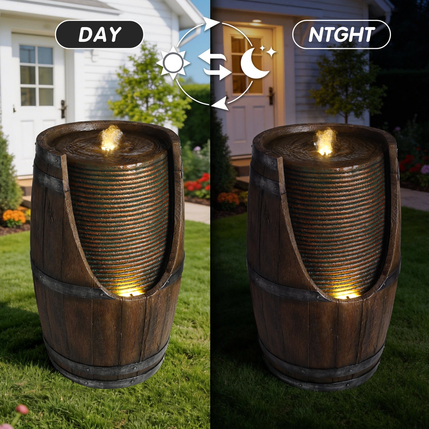 Outdoor Water Fountain with Lights Rustic Wood Look Resin Garden Decor for Patio Yard