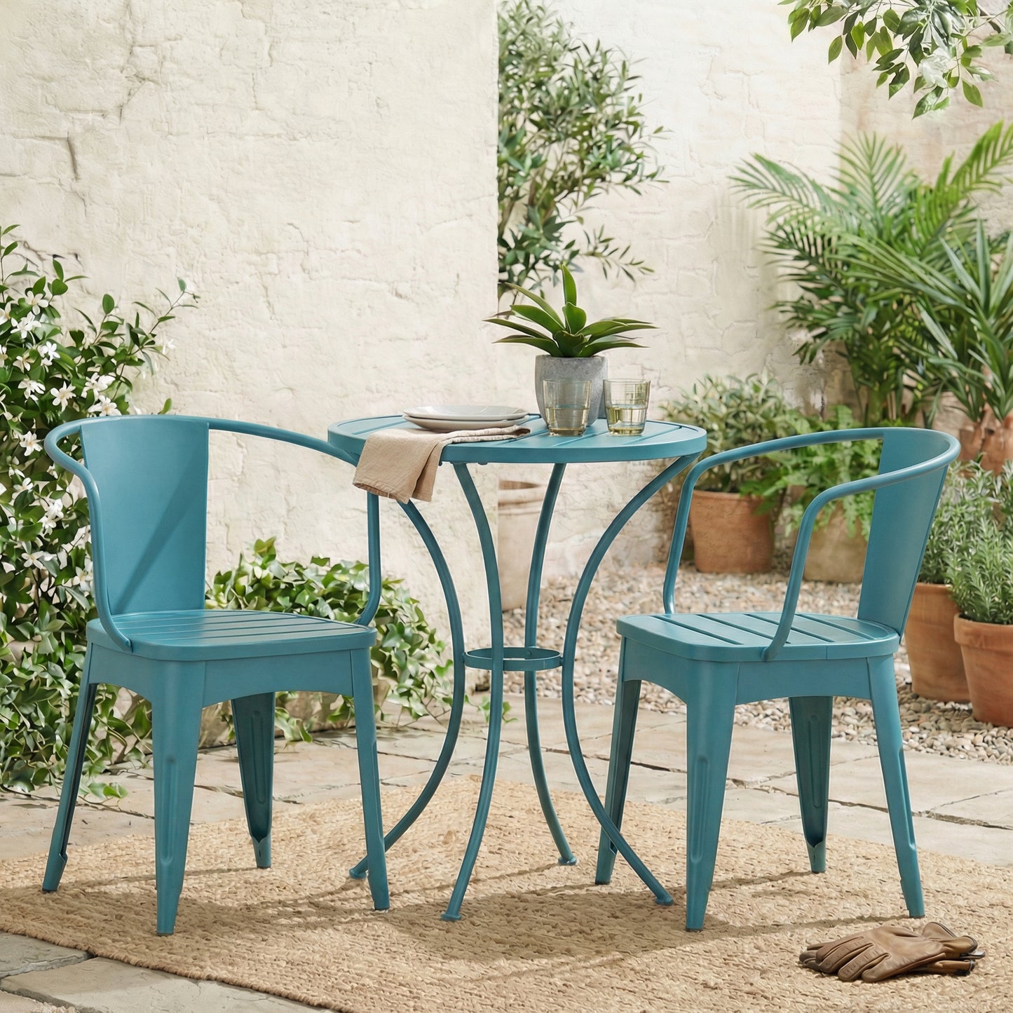 Blue 3-Piece Outdoor Bistro Set - Metal Table & Chairs