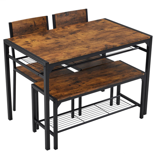 Dining Table Set for 4 - Rustic Brown Kitchen Table with 2 Chairs and Bench