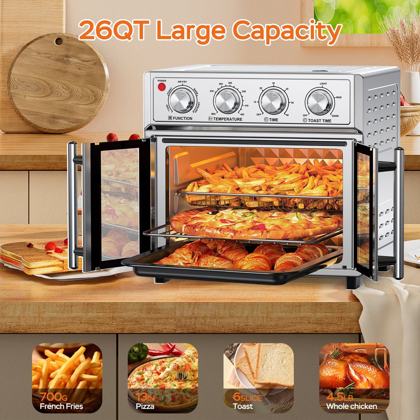 26L Multifunction Air Fryer Toaster Oven - 6 Slices, 1700W