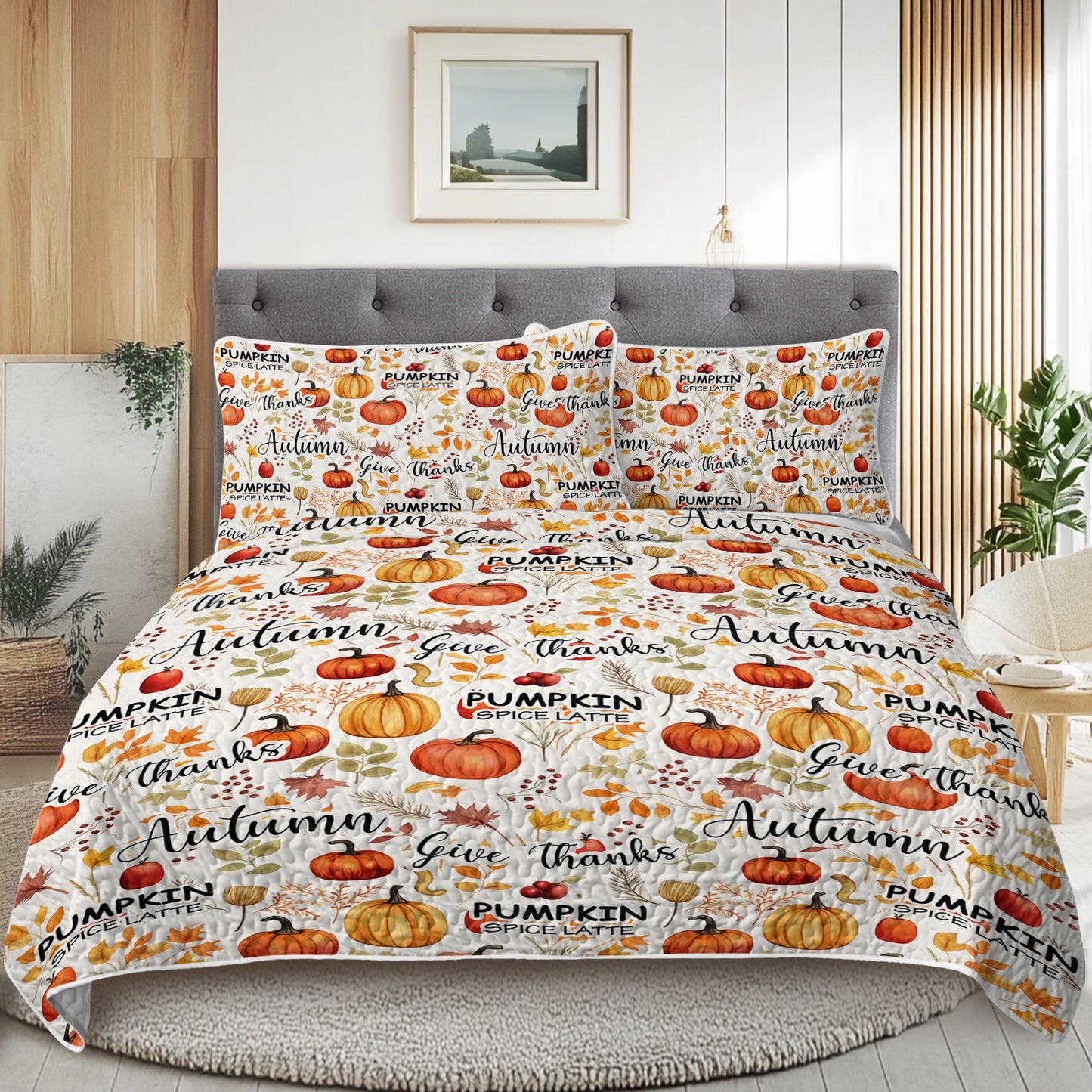 Pumpkin Autumn Leaves Quilt Set - 3 Piece Bedding Set with Pillow Shams