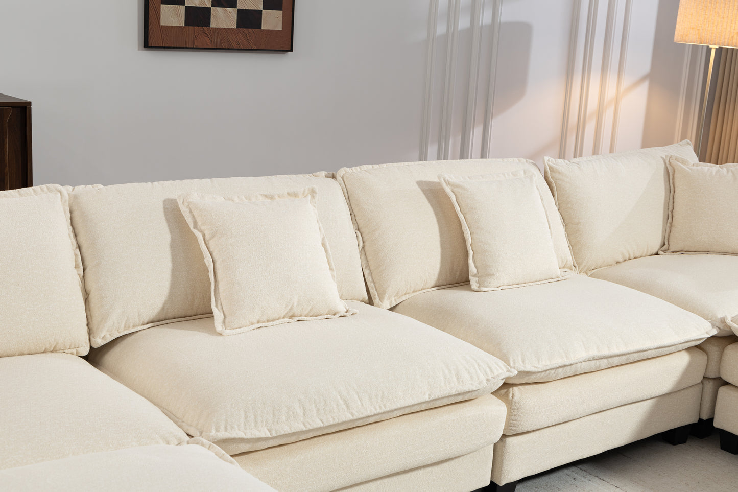Antique White 4-Seat Sectional Sofa with Ottoman & Pillows