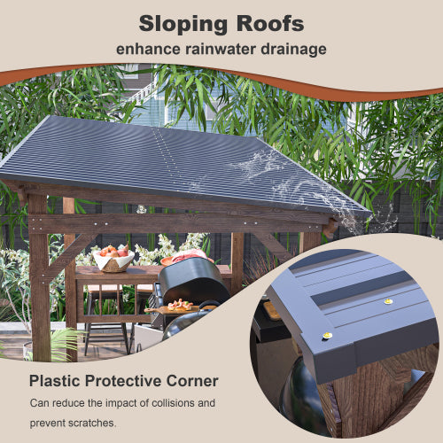 Wooden Pergola Grill Gazebo with Metal Roof, Bulbs & Bar Counters - 13x6.5 Feet