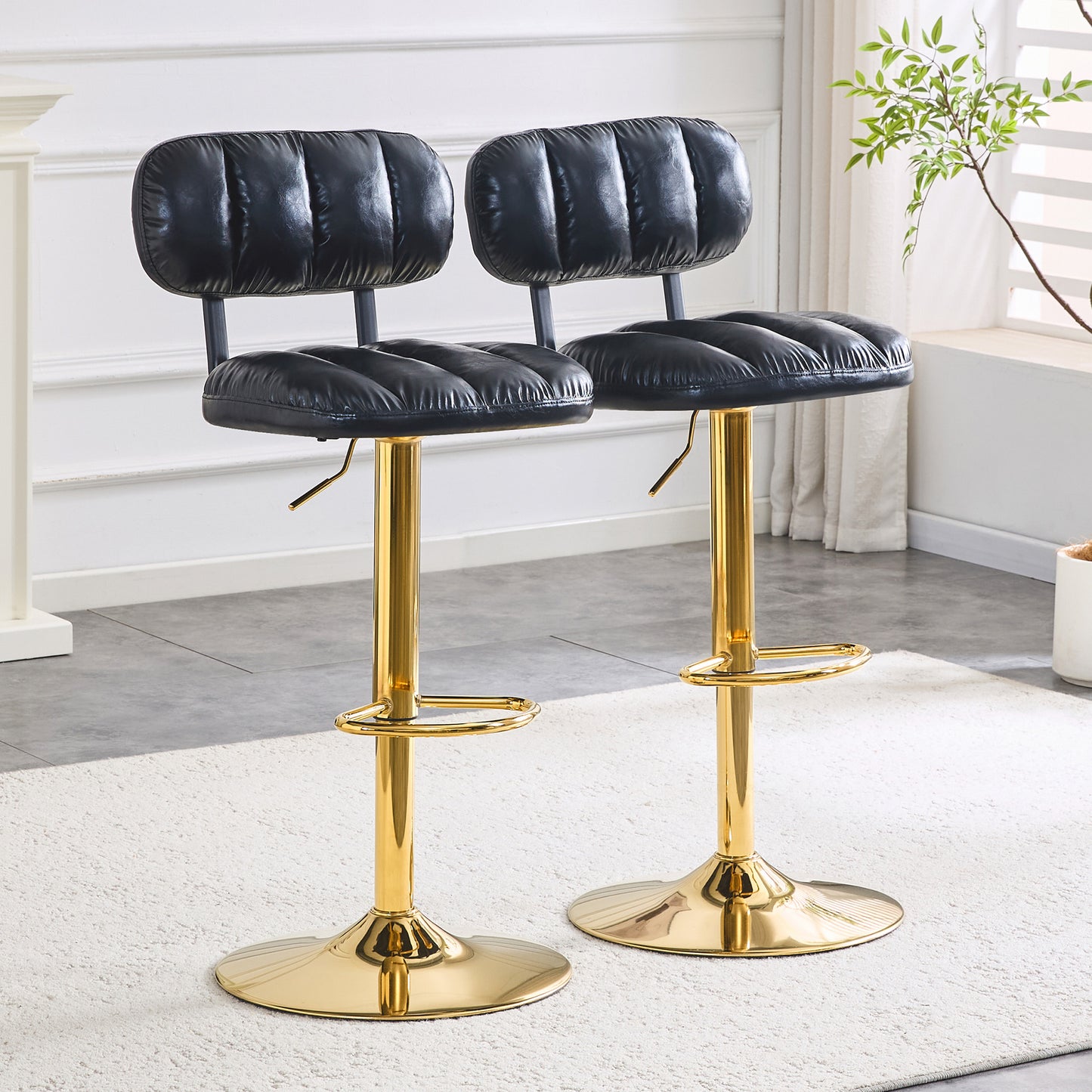 Set Of 2 Modern Bar Stools With Adjustable Height, Black PU Leather