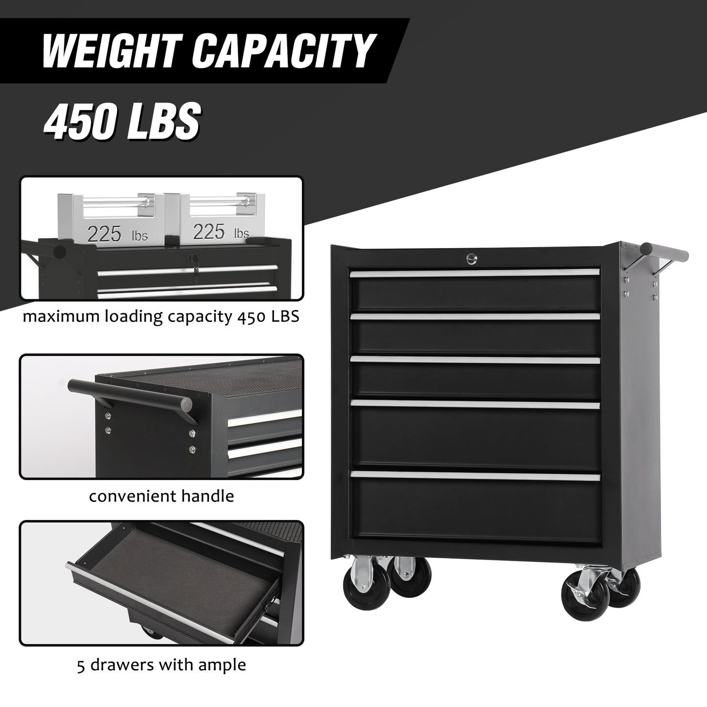 5-Drawer Rolling Tool Chest W Lock & Key, Storage Cabinet With