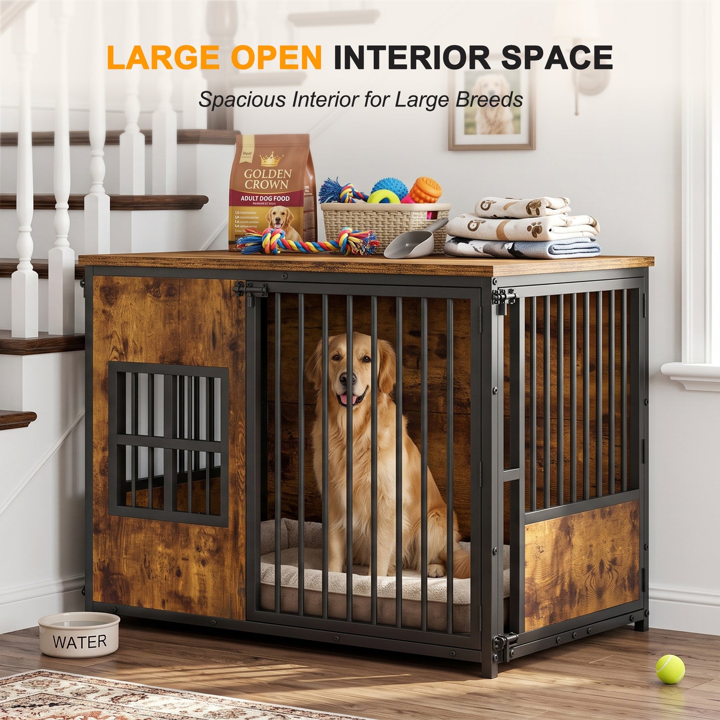 Large Wooden Dog Crate Furniture with Storage Top - Indoor Pet Kennel