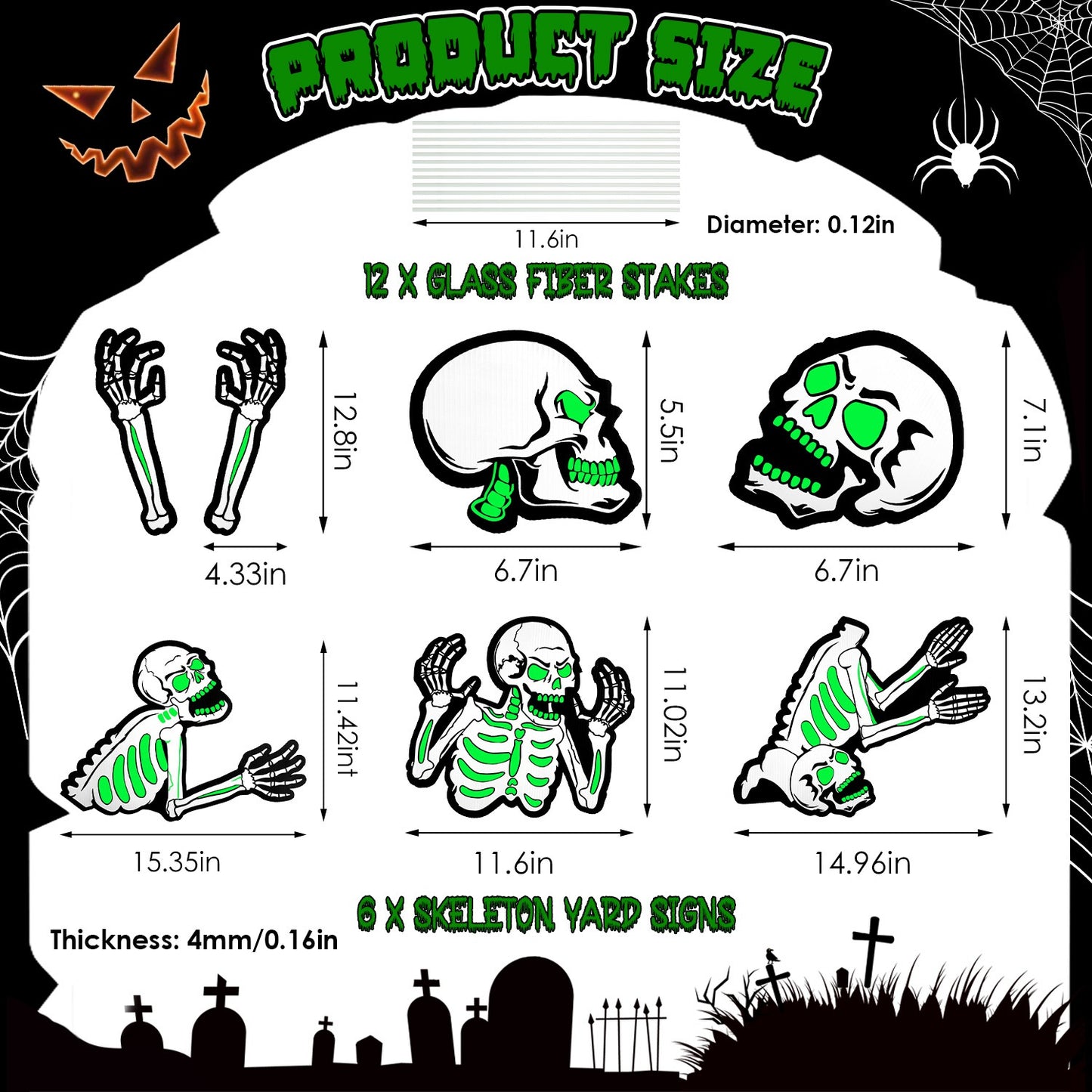 Glow In The Dark Halloween Yard Sign Set - 6 Pcs Skeleton & Cat