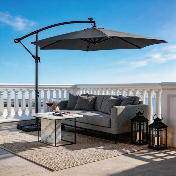 10FT Round Hanging Patio Umbrella with LED Lights & Stand - Gray