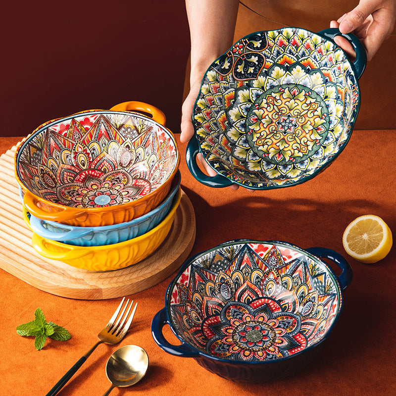 Ceramic Hand-Painted Flower Pattern Noodle Bowl with Double Handles - 950ML