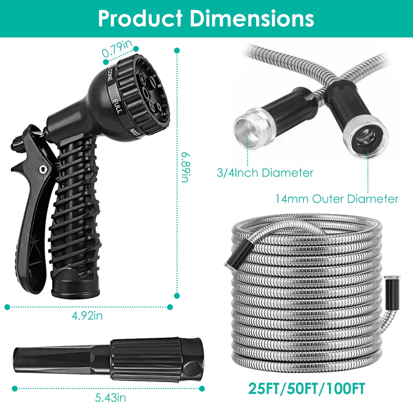 Heavy Duty Stainless Steel Garden Hose with 7-Pattern Nozzle - Flexible & Puncture Resistant