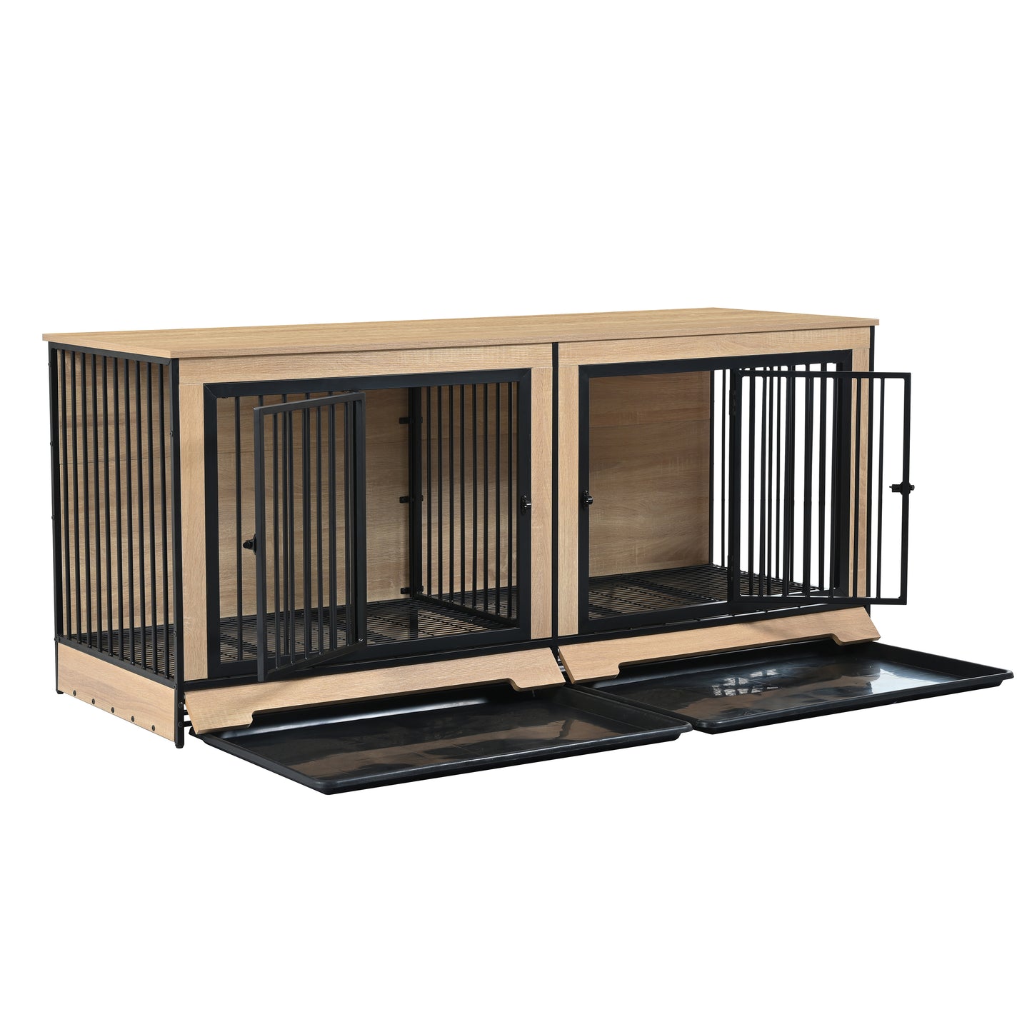 XL Large Double Dog Crate Furniture with Tray - Black & Natural