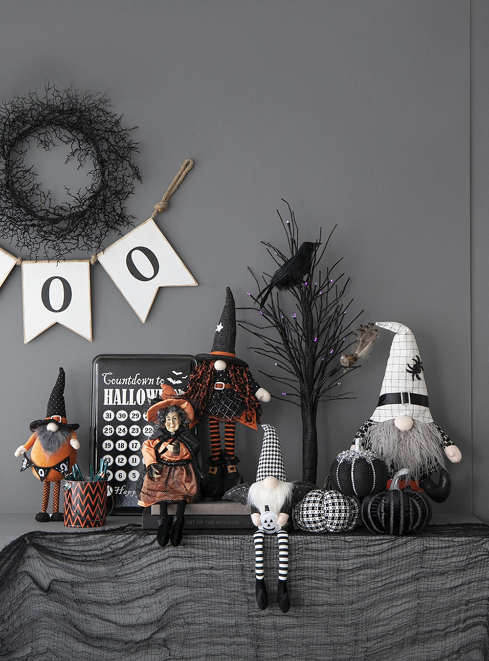 Set of 2 Fabric Standing Gnomes with 'B-O-O' Banner - Halloween Decor
