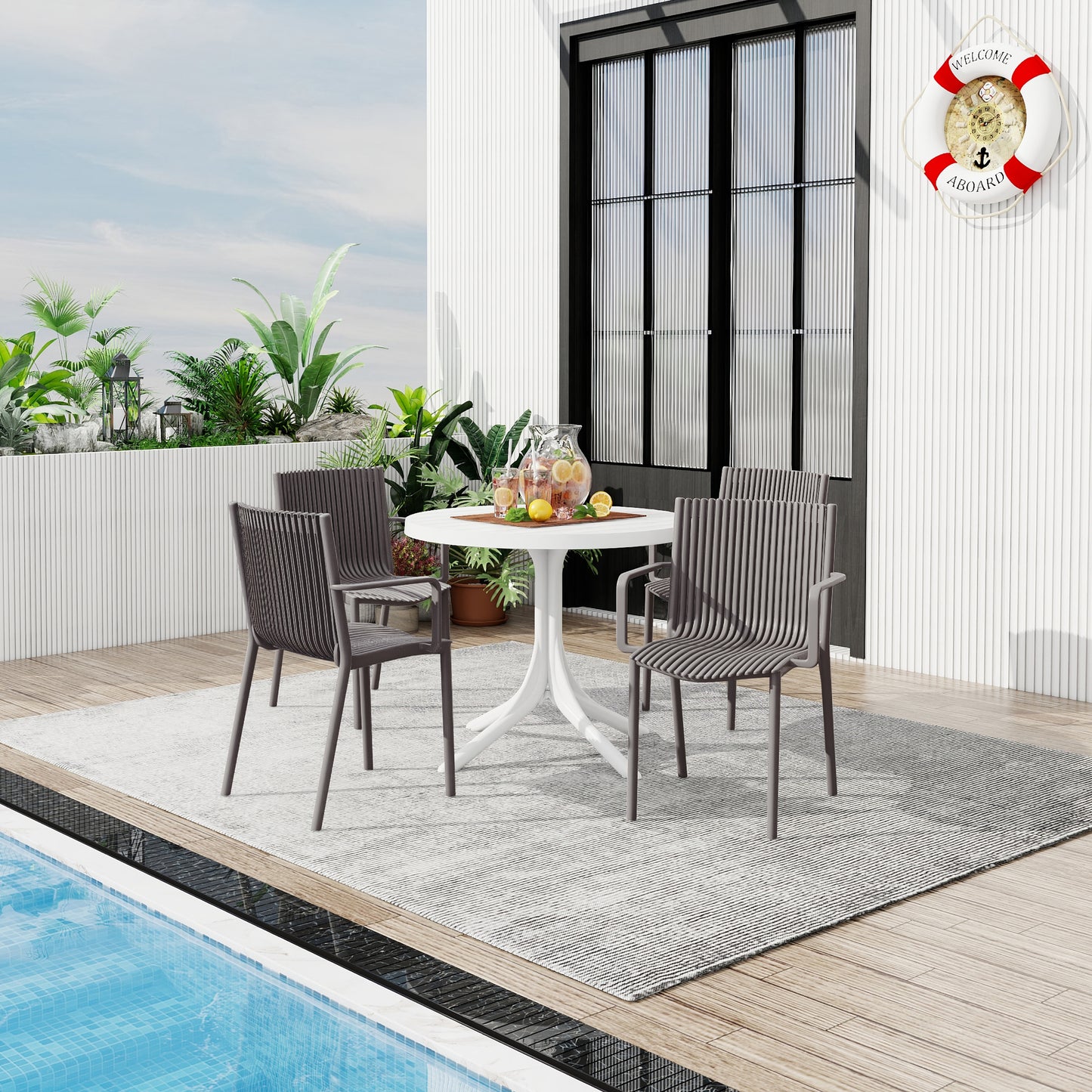 4-Piece Warm Grey Stackable Armchair & Round Table Set - Indoor/Outdoor
