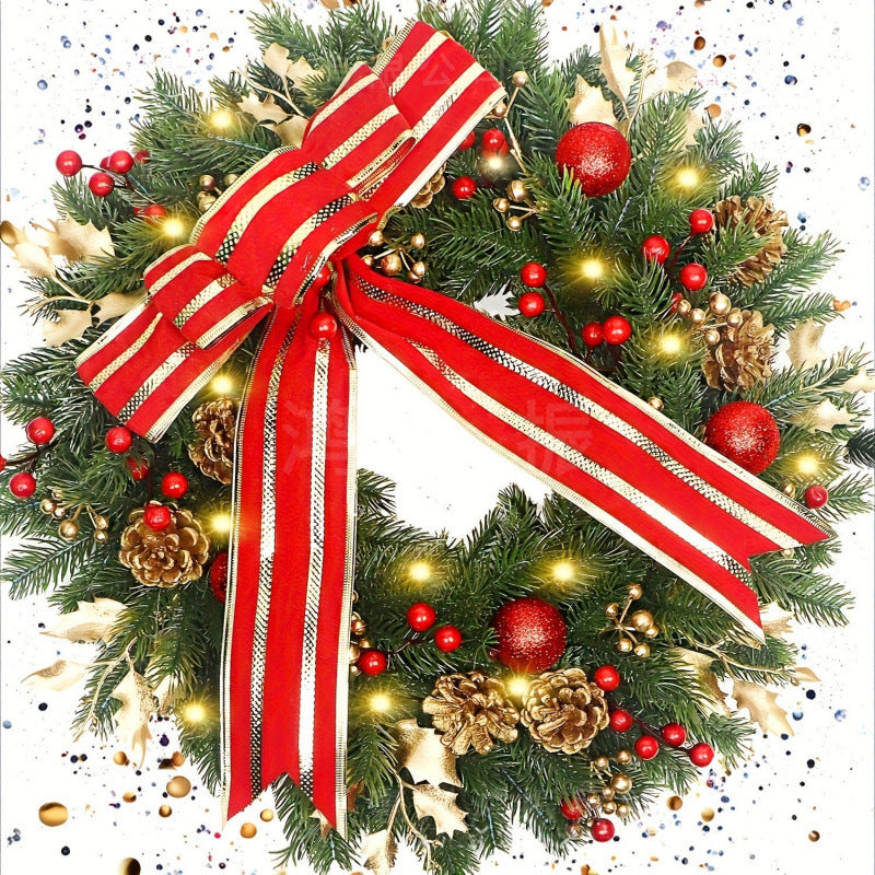 Christmas Artificial Flower Wreath with Striped Bow - 45cm Holiday Decor