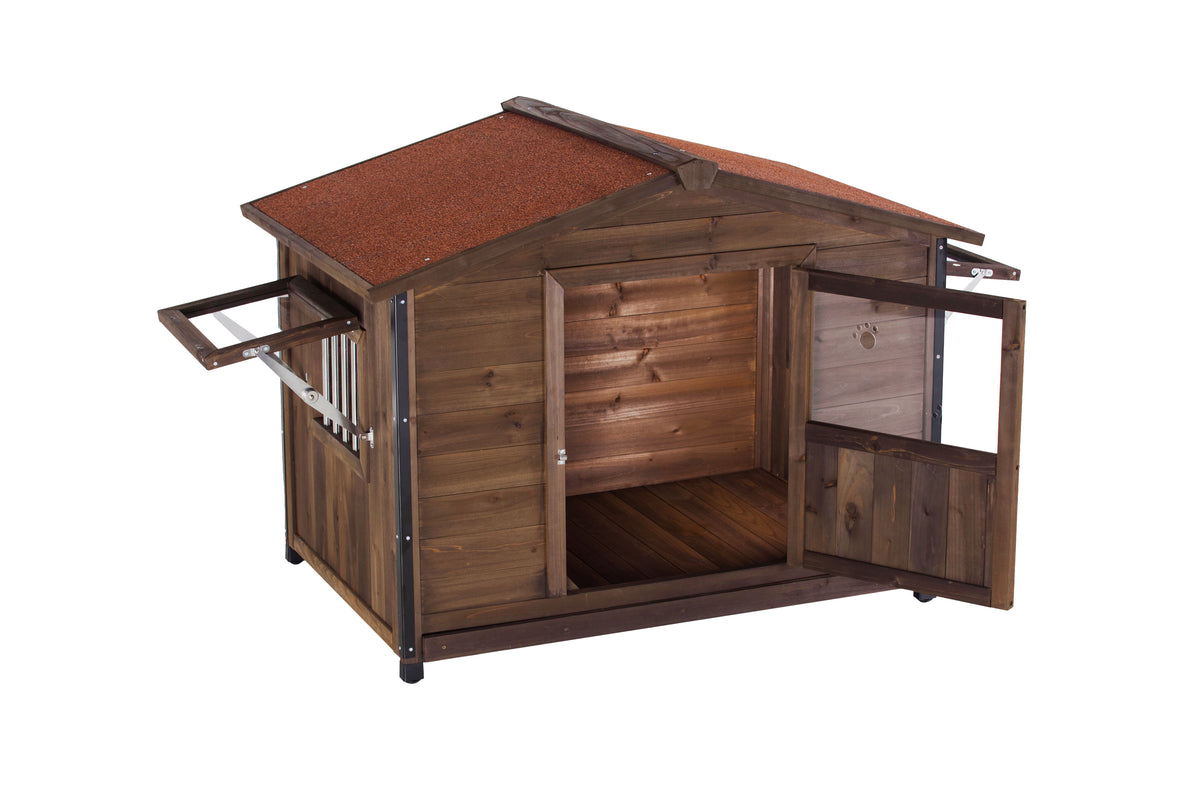 Outdoor Wooden Dog Kennel with Iron Frame and Waterproof Roof - Large