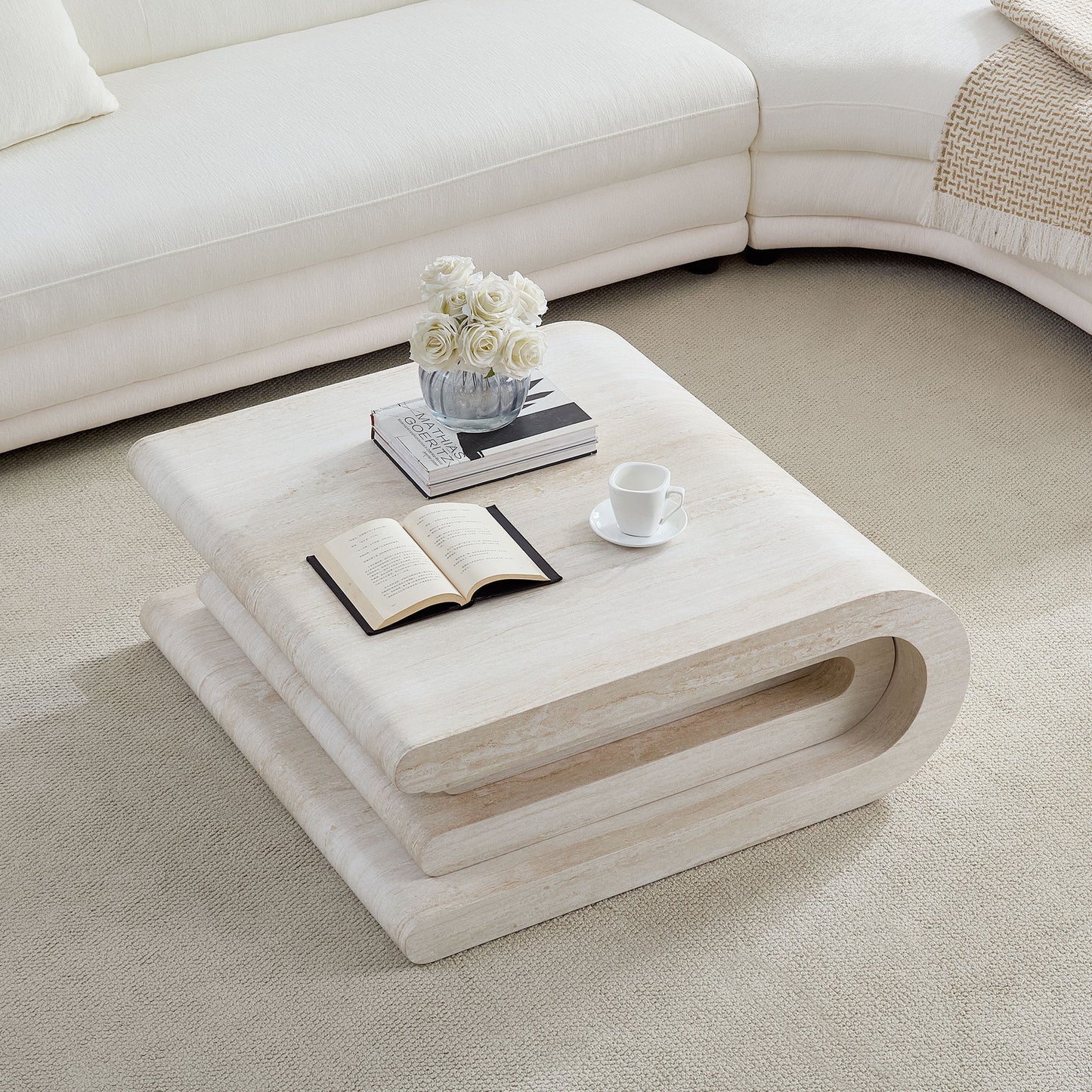 33.86 Inch Square Modern Coffee Table with Faux Travertine - Beige