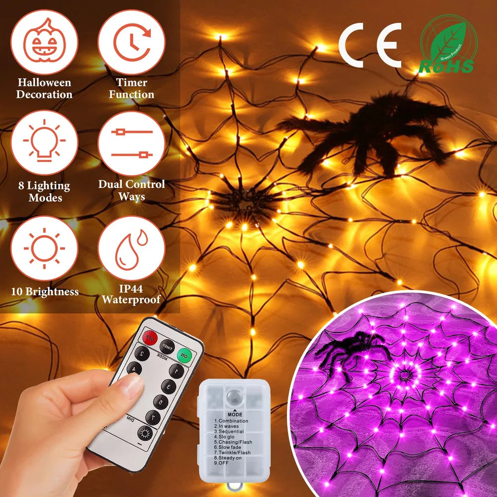 Halloween Spider Web Light with Remote Control - 70 LED, 3.28FT