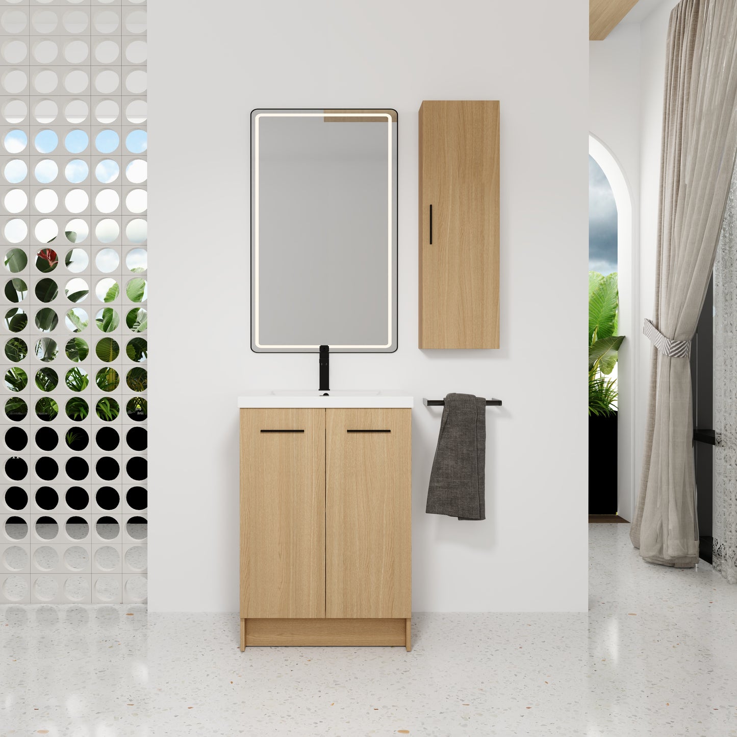 24" Freestanding Bathroom Vanity Set with Linen Cabinet - Light Oak