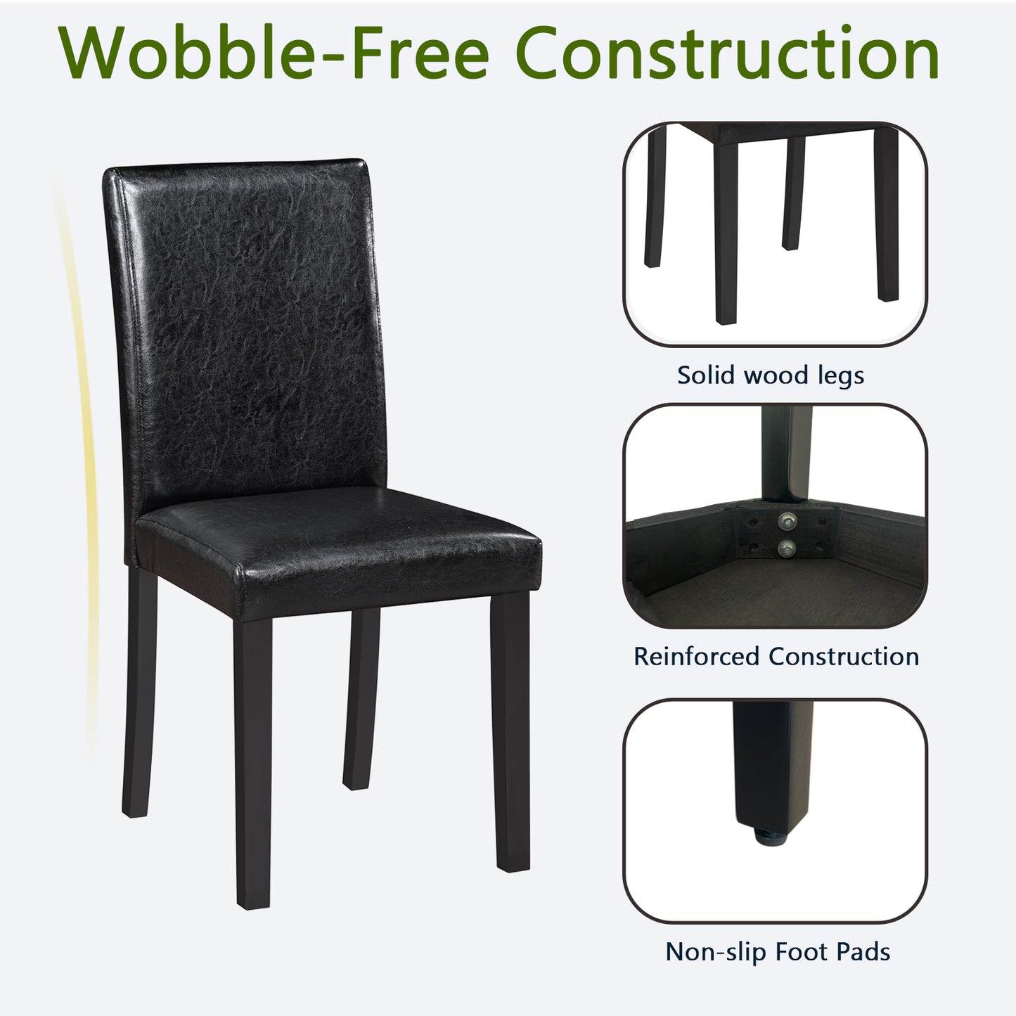 Black Padded Dining Chairs Set for 4 - Solid Rubber Wood