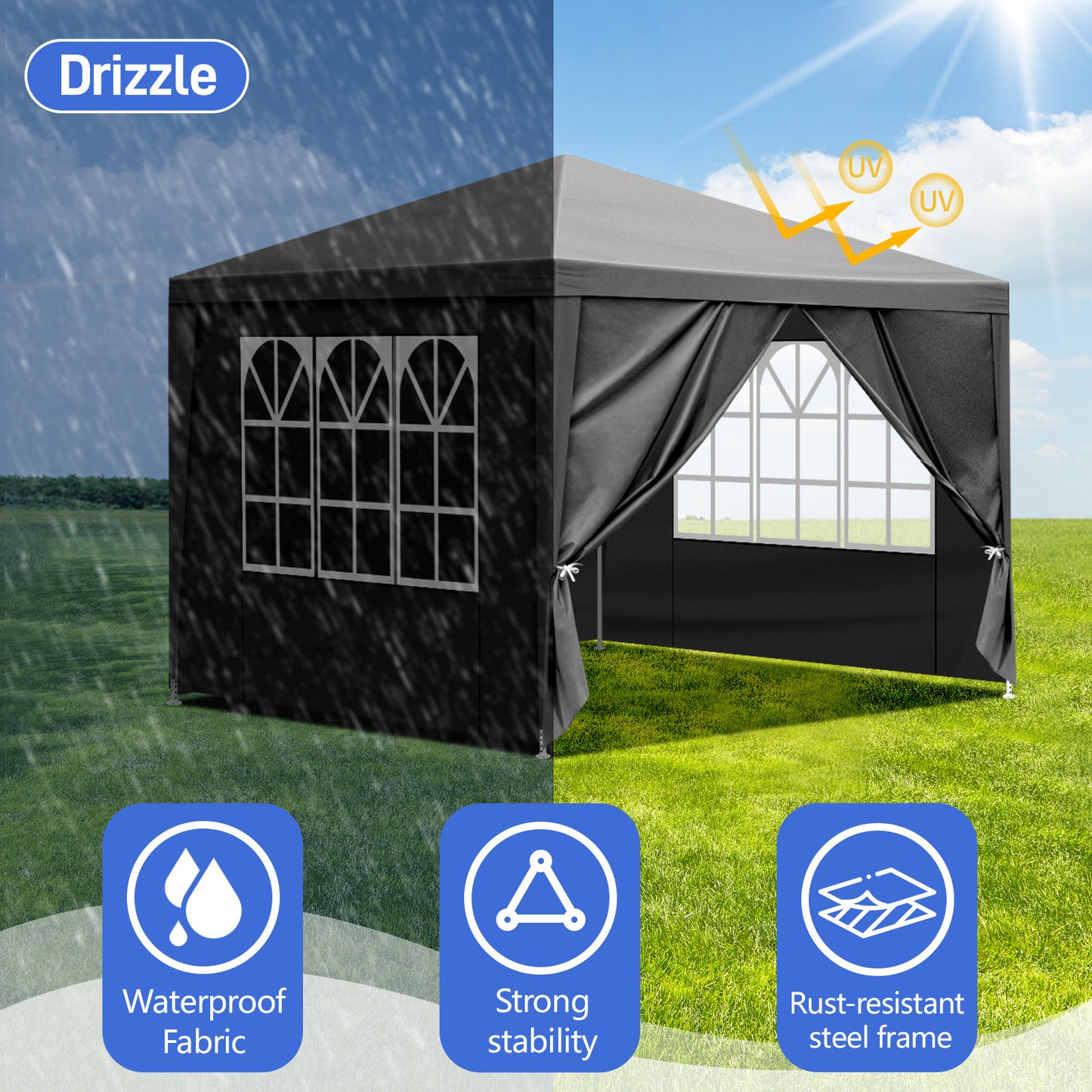 10x10ft Black Outdoor Party Tent with Sturdy Iron Frame
