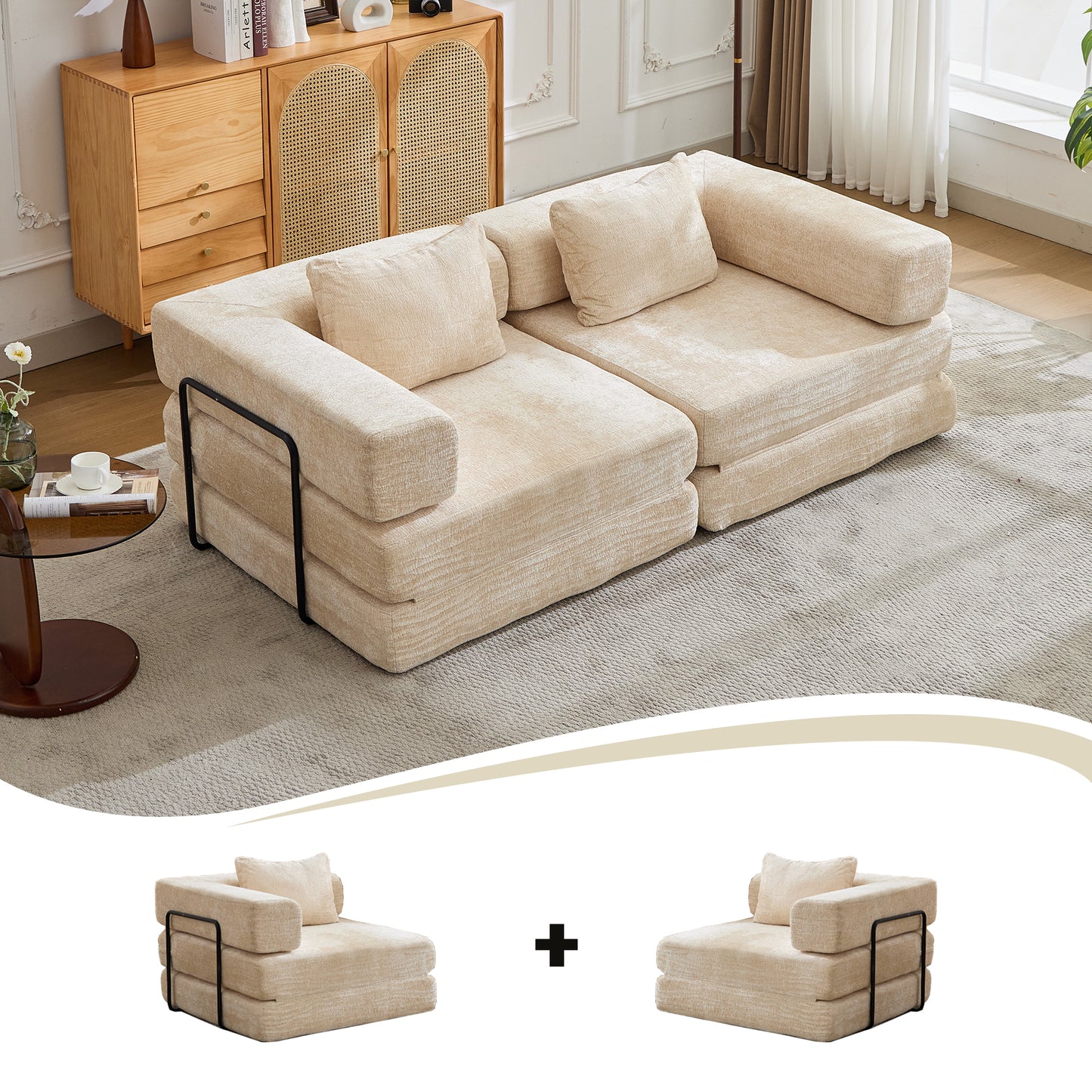 Convertible Compression Sofa Bed - Beige Chenille Fabric