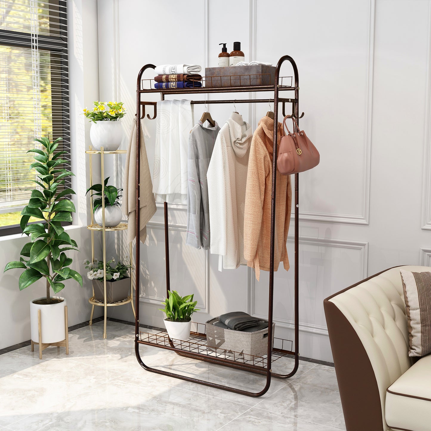 Heavy Duty Freestanding Clothing Rack with Double Shelves - Brown