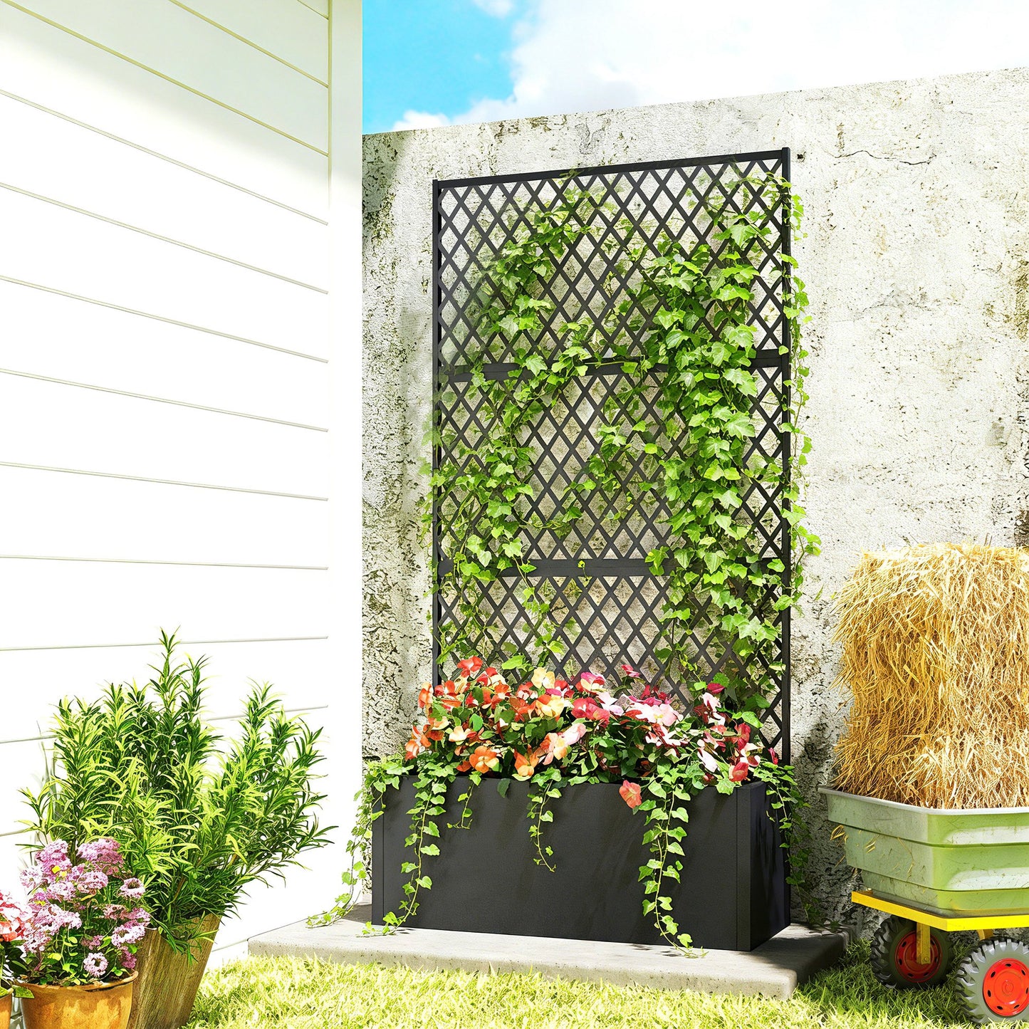 Metal Planter Box with Trellis - Outdoor Garden Flower and Herb Container