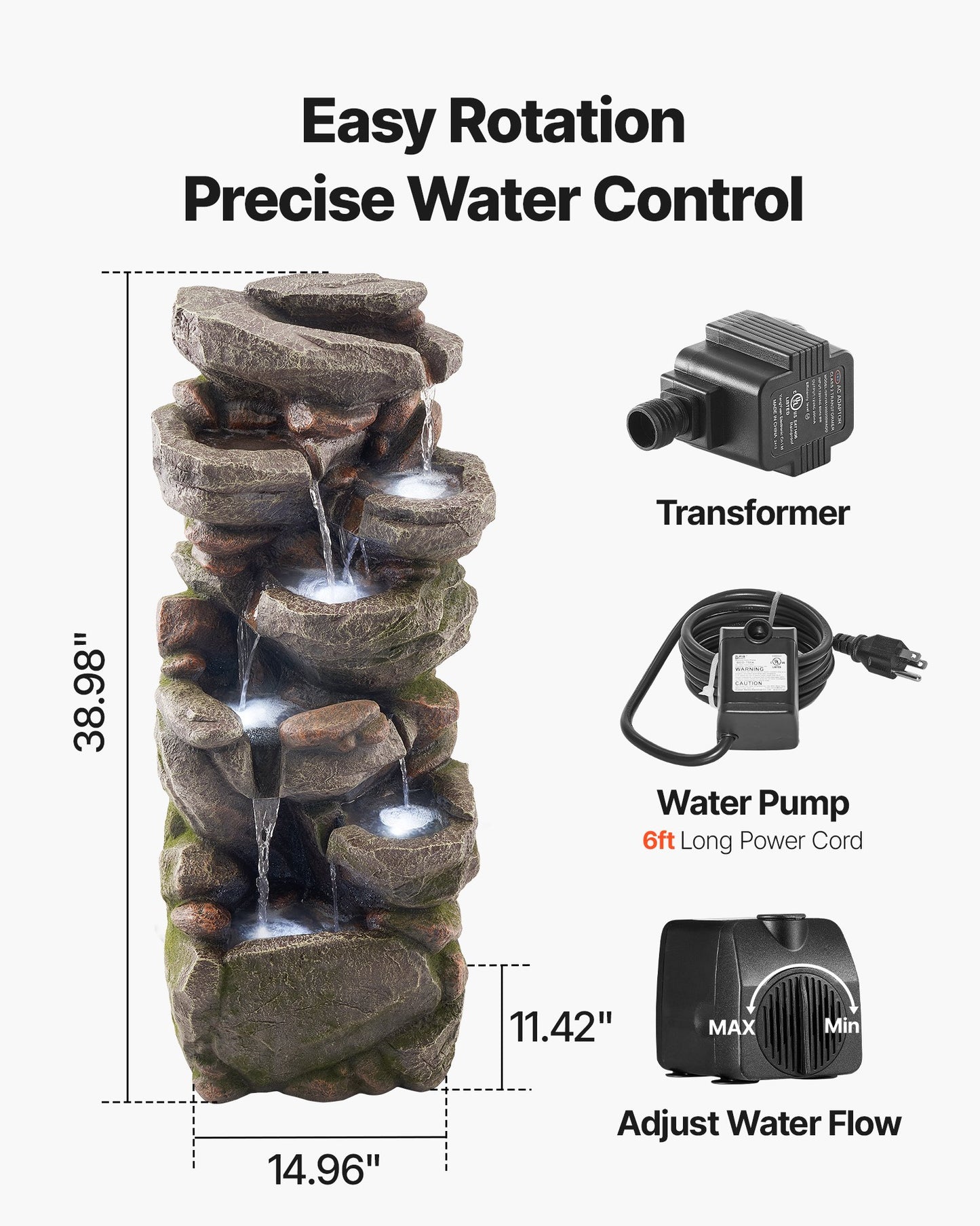 Outdoor 7-Tier Rock Water Fountain - Cascading Garden Decor with Soothing Sounds - Grey