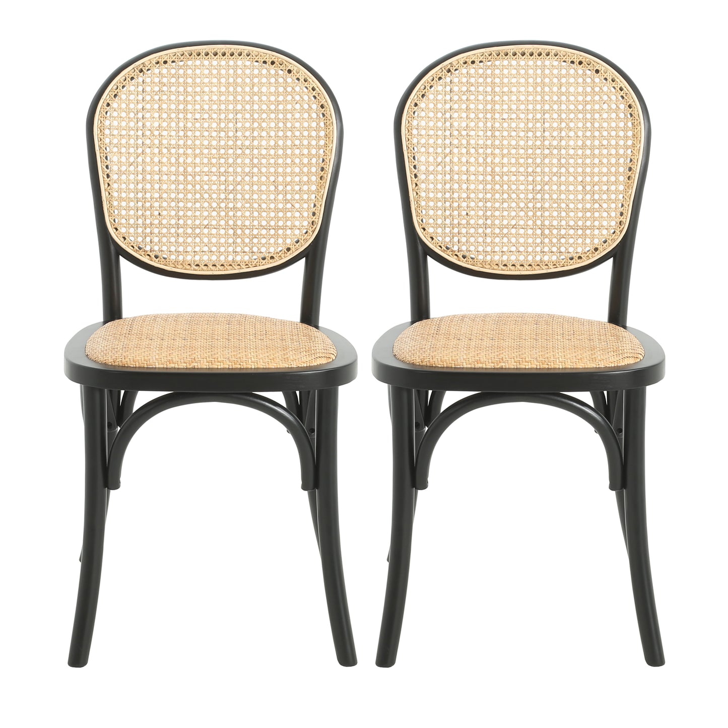 Black Dining Chairs Set of 2 - Retro Style with Foam & Rattan