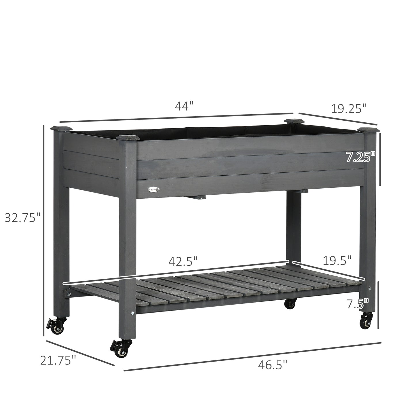 Raised Garden Bed with Lockable Wheels and Storage Shelf - Wooden Planter Box, 47x21 Inches, Dark Gray