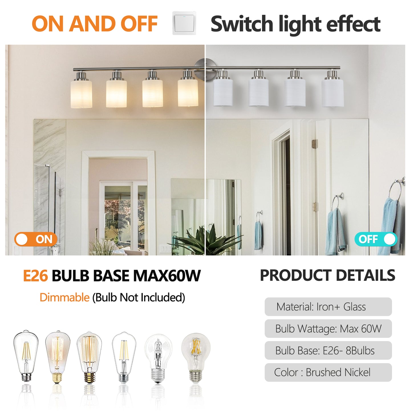 Modern 8-Light Vanity Wall Sconce - Brushed Nickel with Frosted Glass