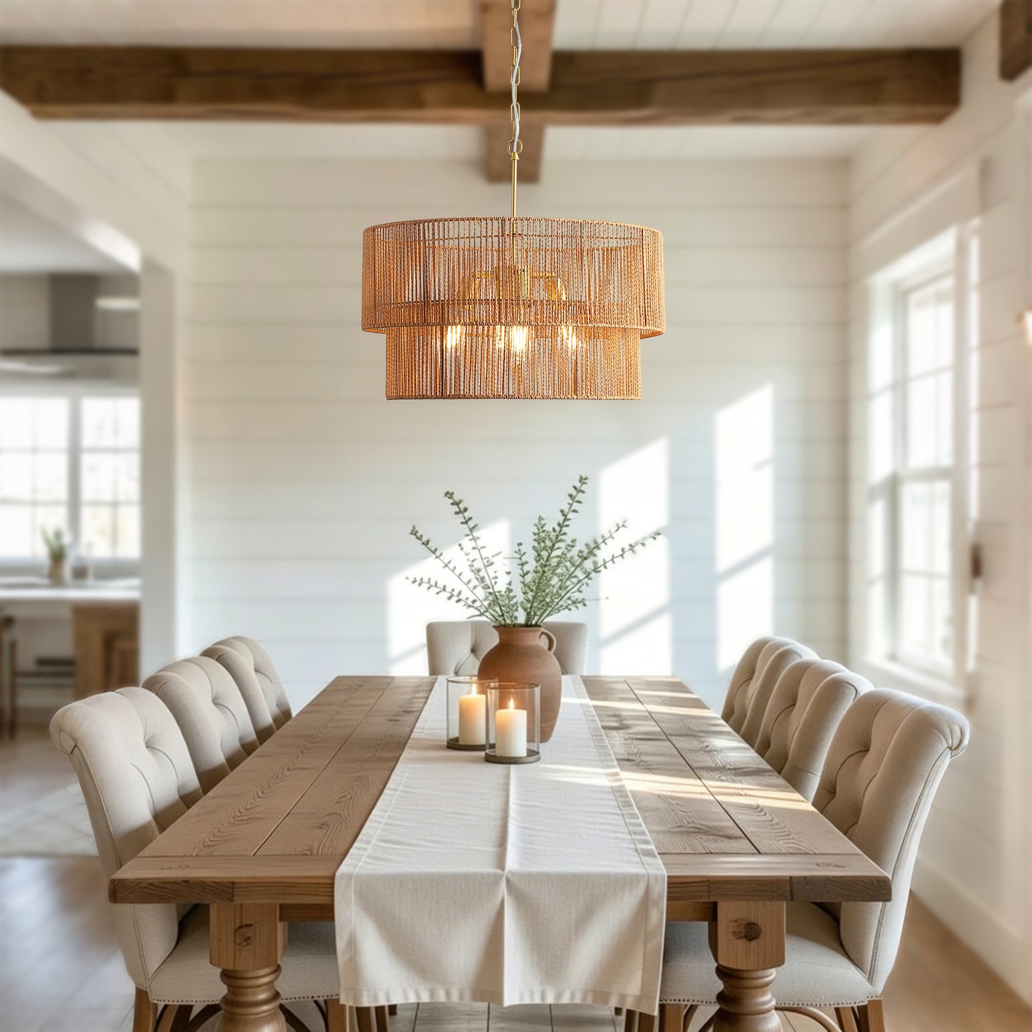 Woven Paper Rattan Pendant Light - 2-Tier Boho Ceiling Lamp for Dining & Living Room
