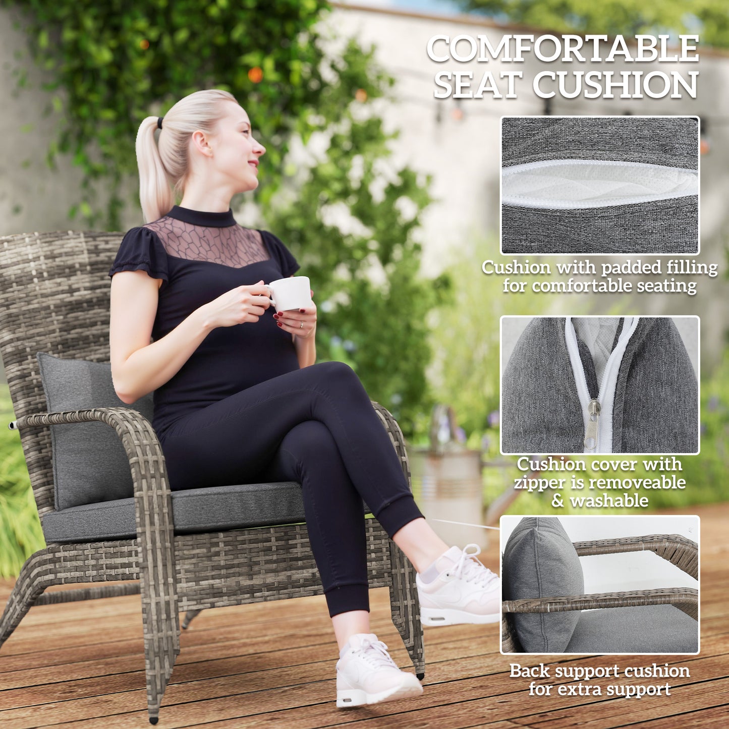 Wicker Adirondack Chair with Ottoman & Cushions - Gray