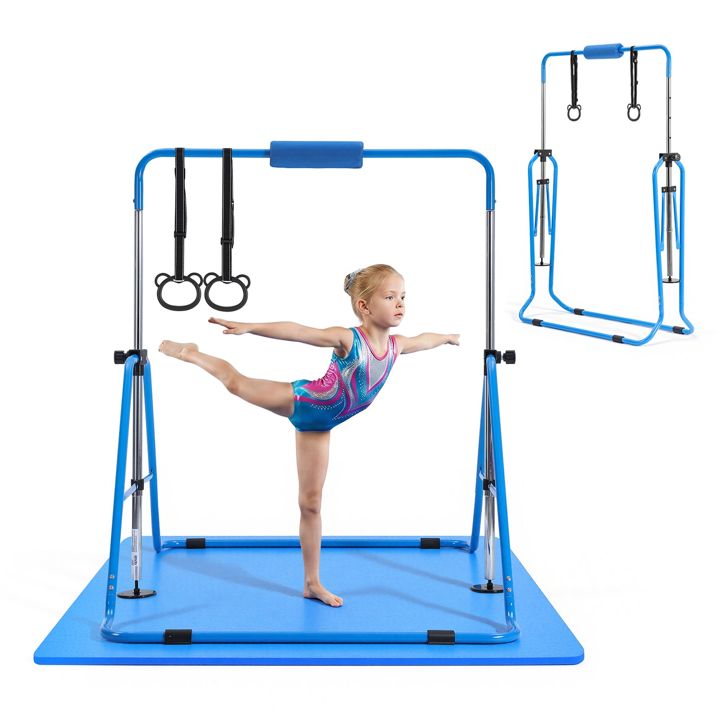 Kids Gymnastic Bars - Adjustable Height Folding Training Kip Bar with Mat, Blue