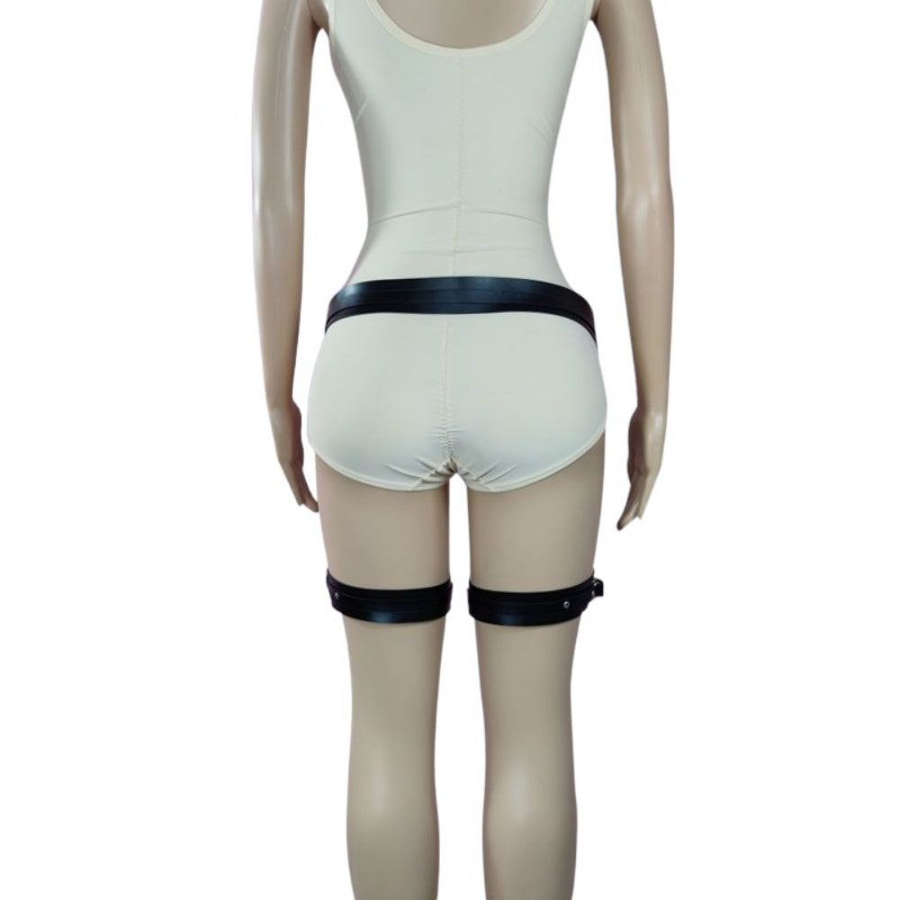 Punk Leather Thigh Body Harness with Chain - Black