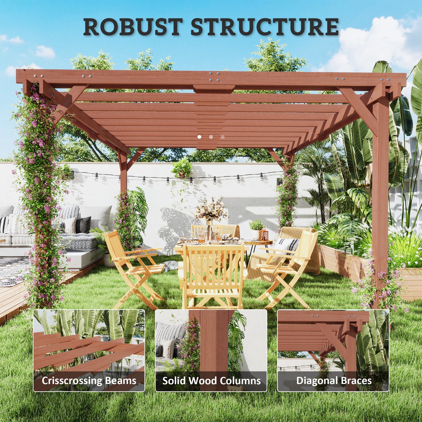 Wood Pergola with Grape Trellis for Outdoor Patio - Brown