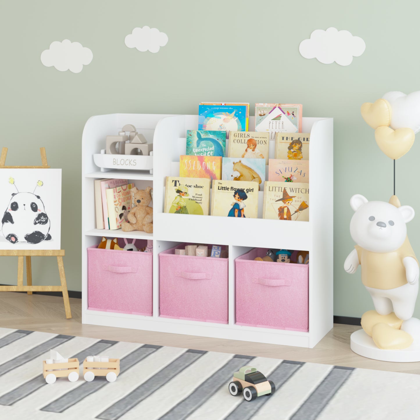 Kids Bookcase with 3 Fabric Drawers - White and Pink