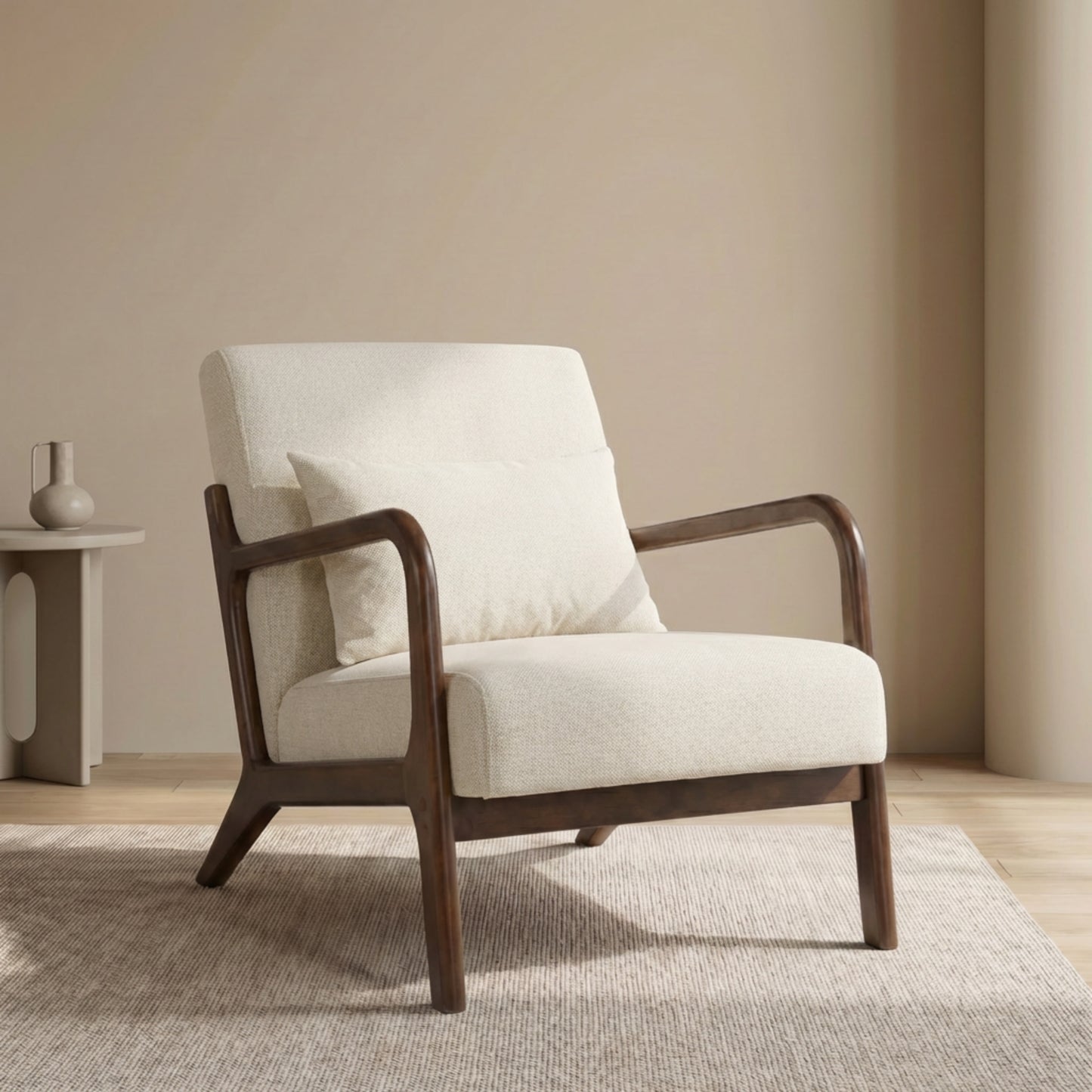 Mid Century Modern Accent Chair - Antique White Upholstered Armchair