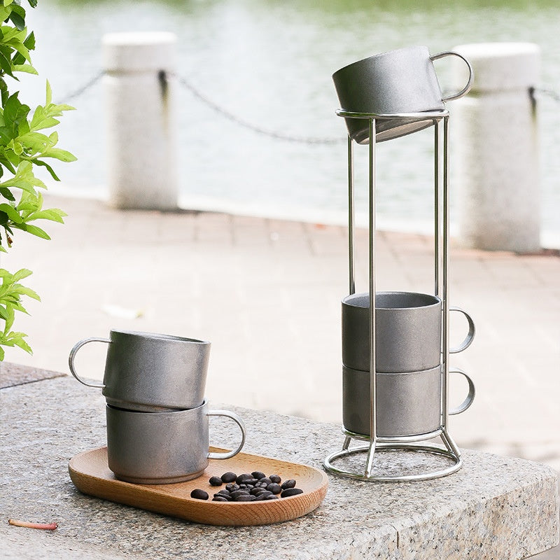 Outdoor Double-Deck Stainless Steel Coffee Cups Set with Storage Rack - Anti-Scald Insulated Drinkware