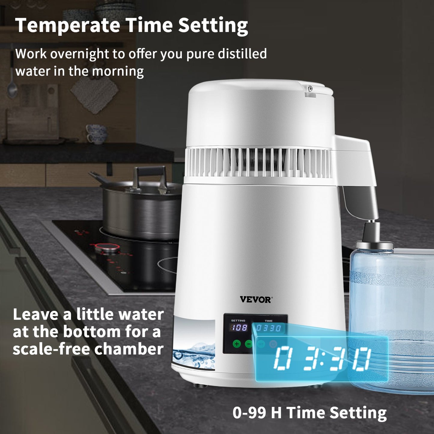 Water Distiller 1.1 Gal/Hour Countertop Machine with Temp Display - White