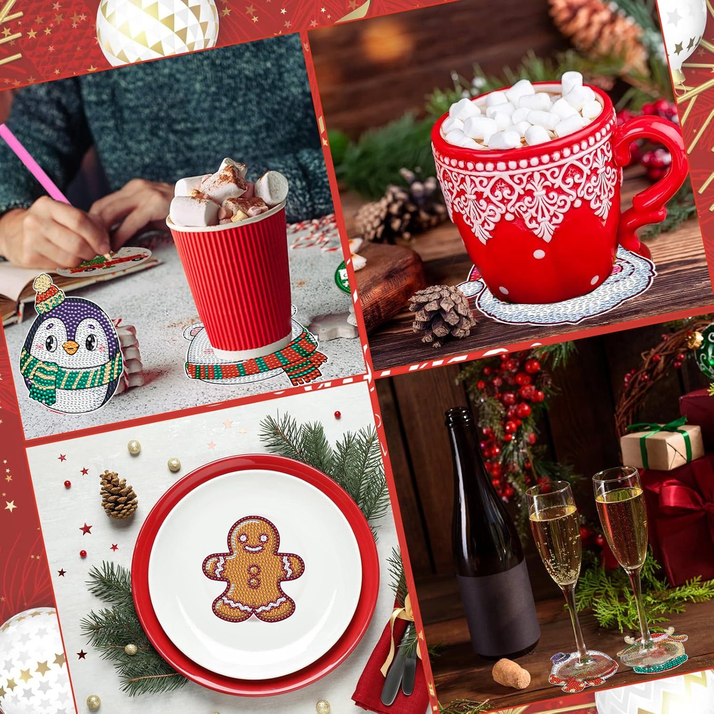 Christmas Rhinestones Art Coasters - 6 Pack Multi-Color Set