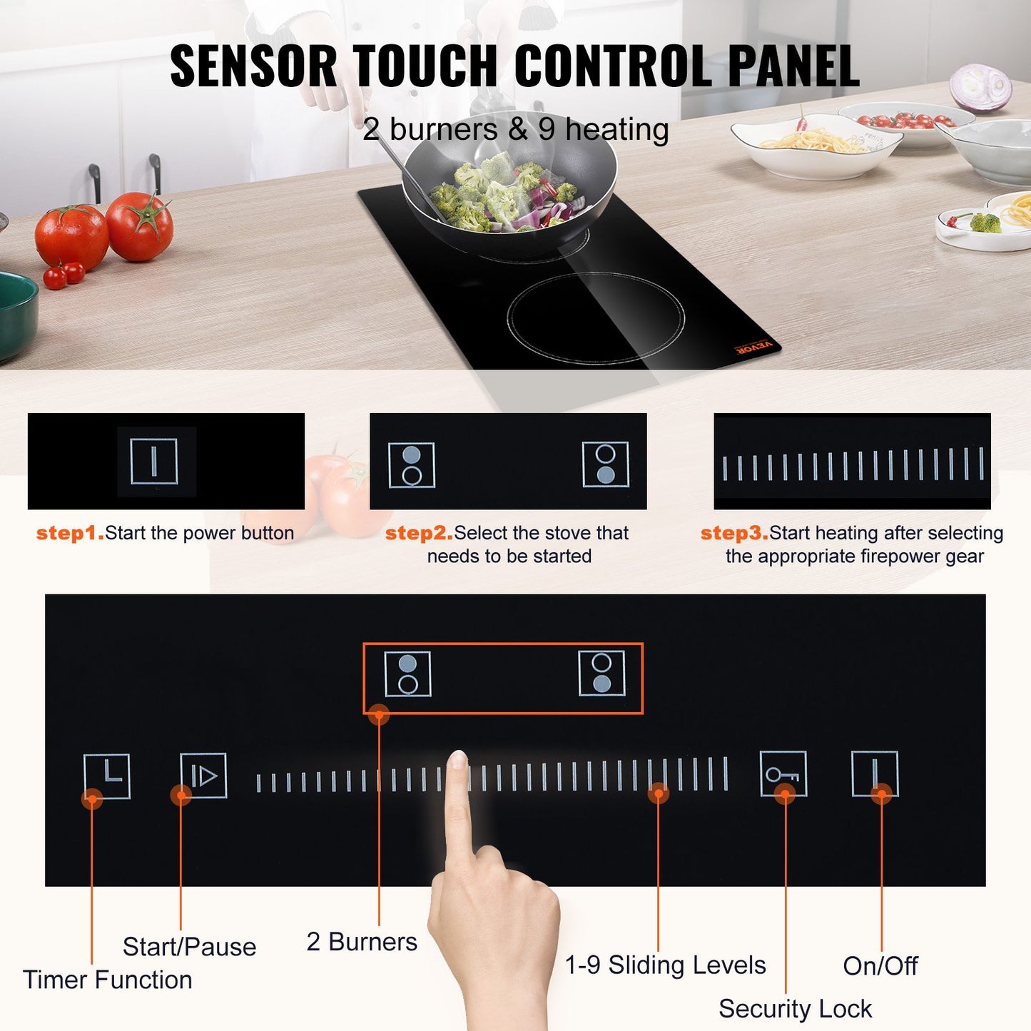Black Built-In Electric Stove Top 20x11.6 Inch, 2 Burners, Touch Control