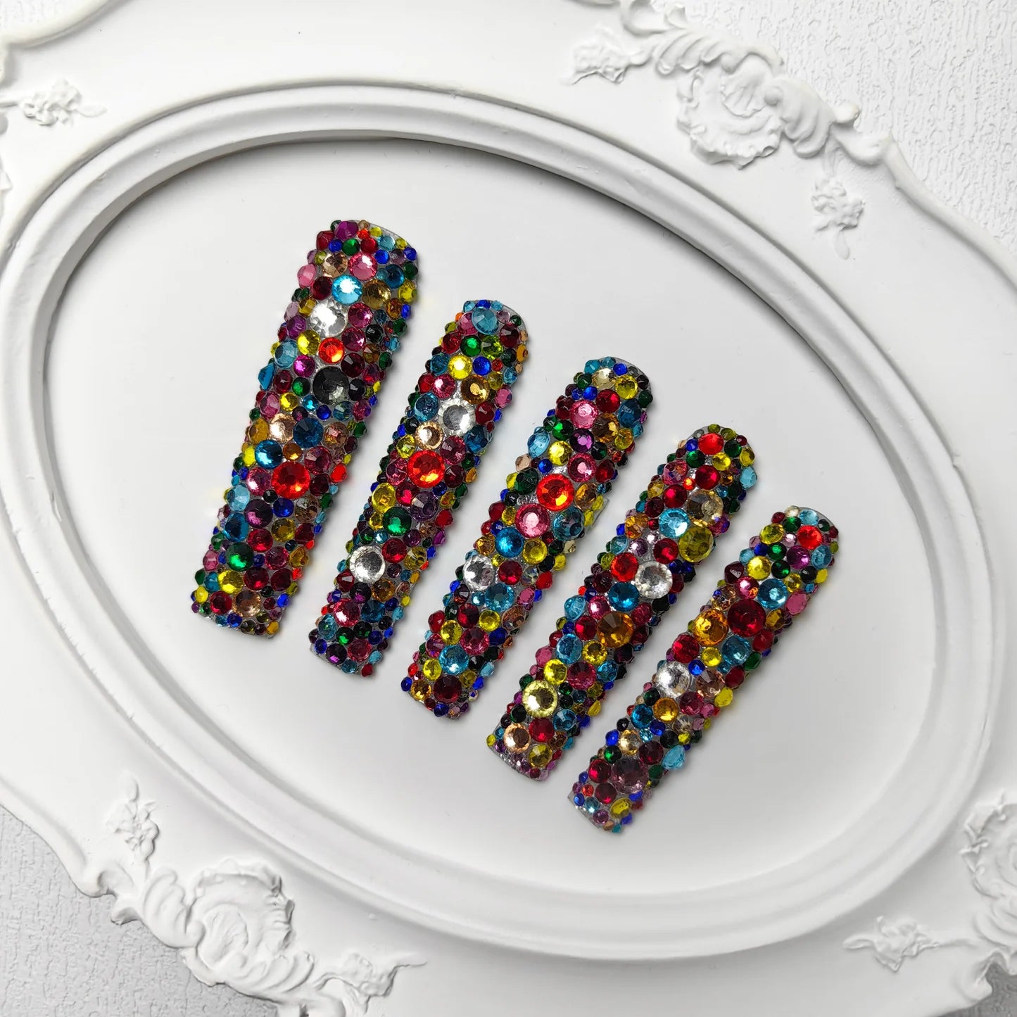 Long Press-On Nails - Baroque Glass Mosaic Design Reusable Acrylic Set