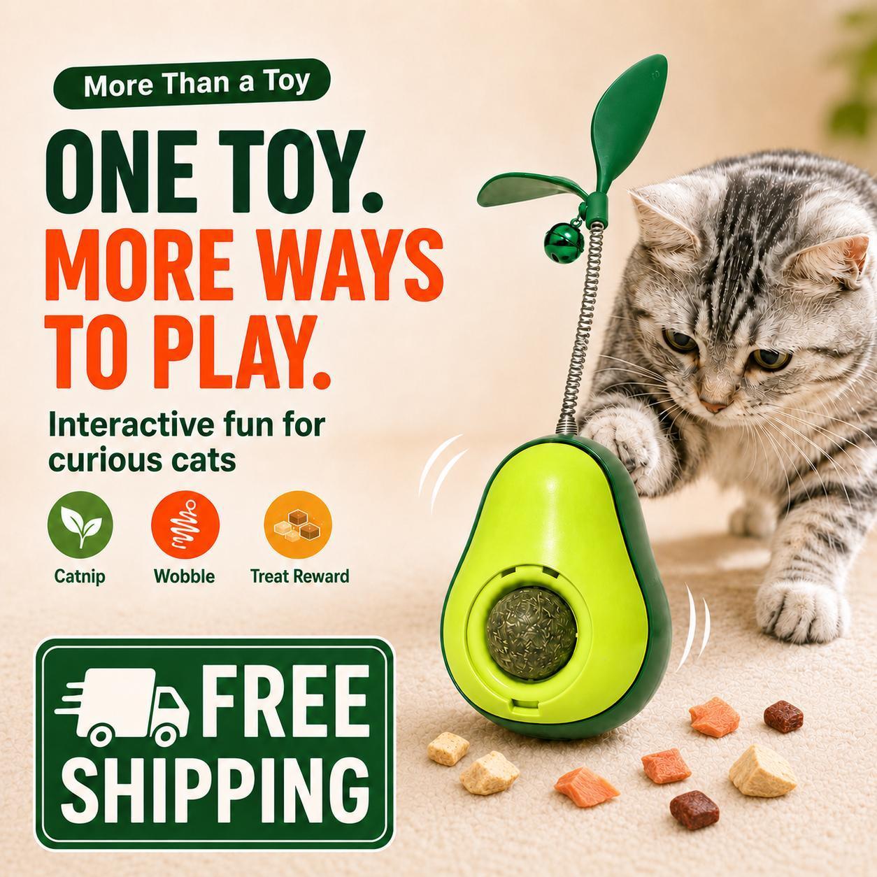 Avocado-Shaped Cat Interactive Wobble Toy with Feather & Catnip Ball - Indoor Pet Toy