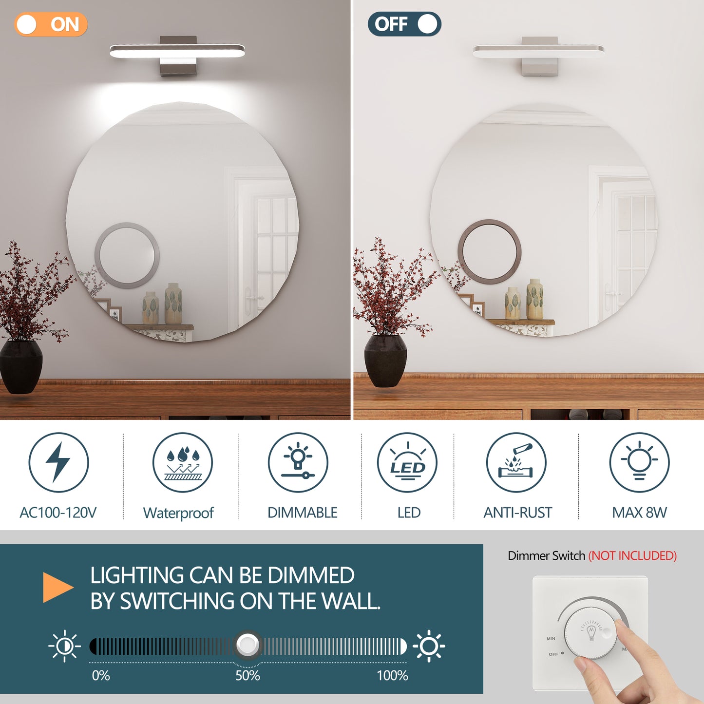 16-Inch Dimmable LED Bathroom Vanity Light Bar Modern Over Mirror Fixture 6000K