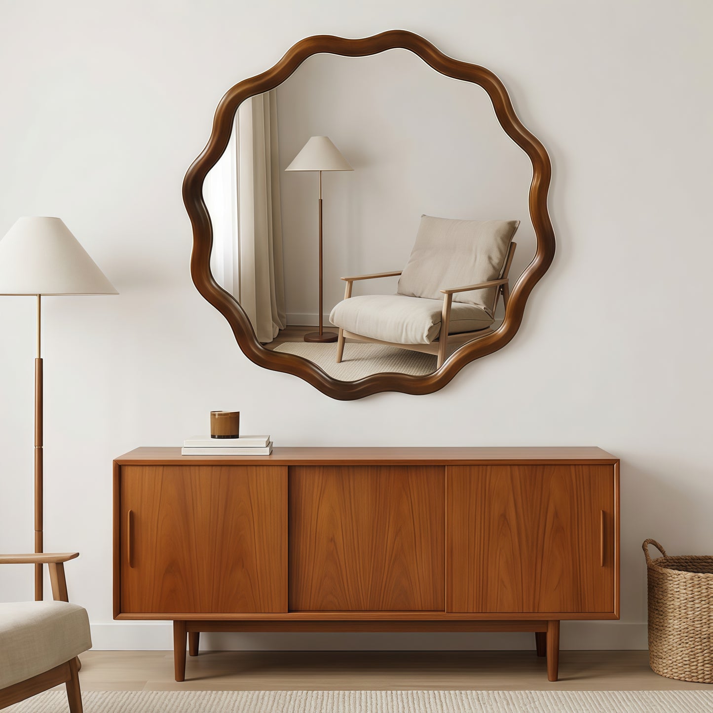 36-Inch Wavy Round Decorative Mirror - Black Walnut Frame