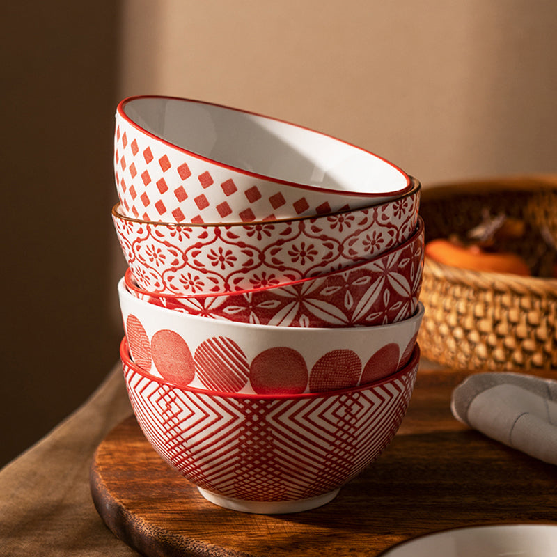 Ceramic Bowl Set 5pcs - 4.5 Inch Porcelain Dinnerware in Blue or Red