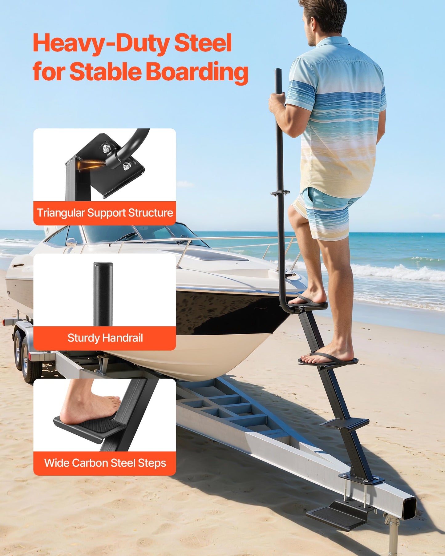Heavy-Duty Boat Trailer Steps with Handle - Non-Slip Steel Ladder for 3x3, 3x5, 4x4 Frames