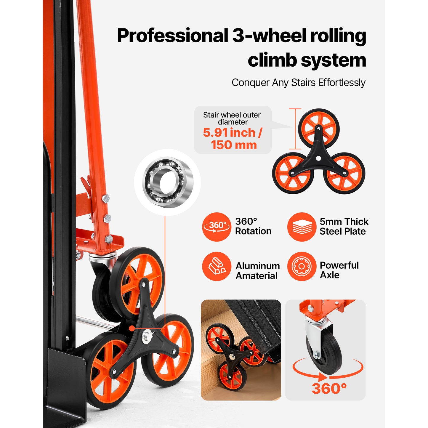3-in-1 Industrial Stair Climbing Hand Truck Dolly - Max Load 770 Lbs, Folding Utility Cart with Wheels & Handle, Orange & Silver